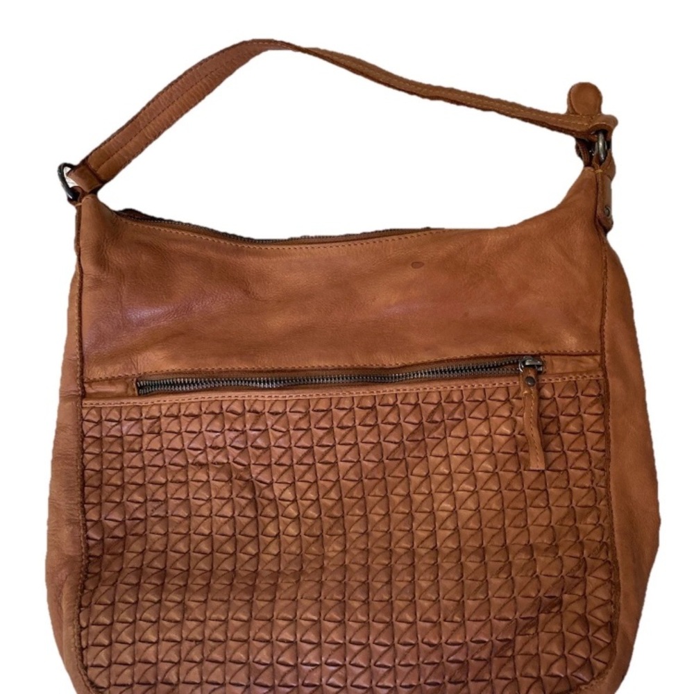 HOBO-SHOULDER Bag-Distressed Genuine Brown Leather Woven Detail Vintage Boho